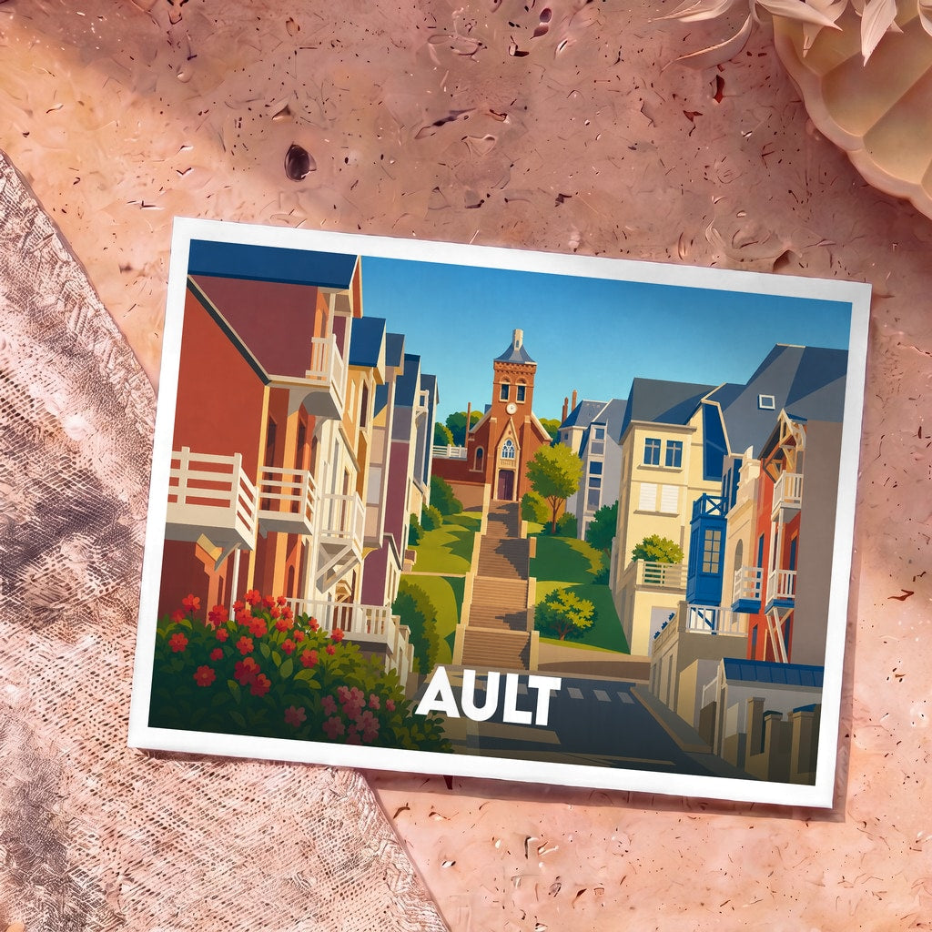Carte postale souvenir de la ville d'Ault avec une illustration stylisée et colorée de ses rues en escalier.