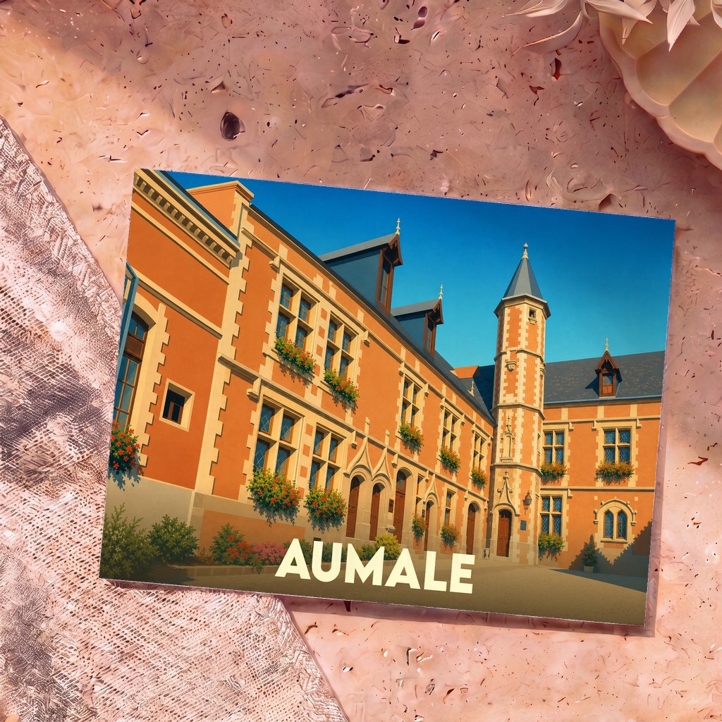 Carte postale souvenir de la ville d'Aumale illustrant son hôtel de ville dans un style graphique et coloré.