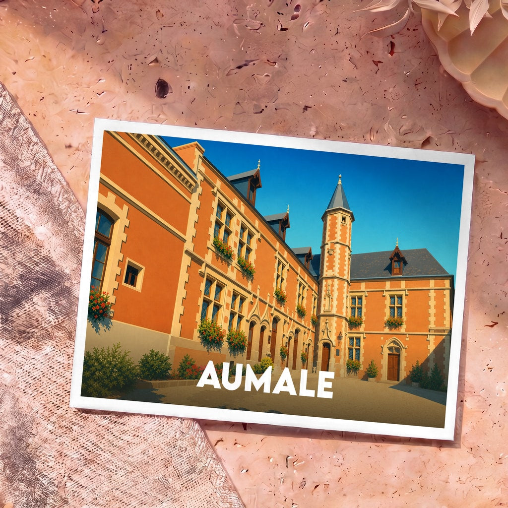 Carte postale souvenir de la ville d'Aumale illustrant son hôtel de ville dans un style graphique et coloré.