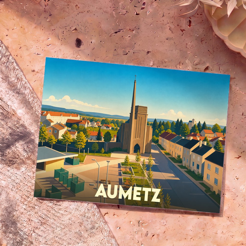 Carte postale souvenir de la ville d'Aumetz illustrant son église et ses habitations dans un style graphique épuré.