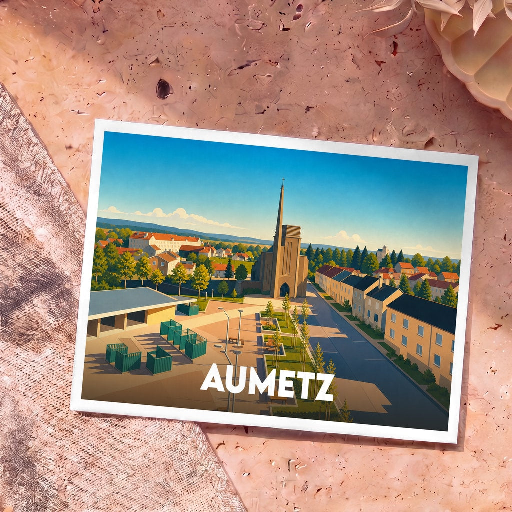 Carte postale souvenir de la ville d'Aumetz illustrant son église et ses habitations dans un style graphique épuré.