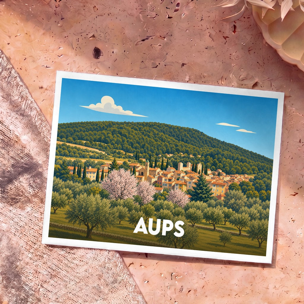 Carte postale souvenir de la ville d'Aups avec une illustration stylisée d'un village provençal niché dans une colline boisée.
