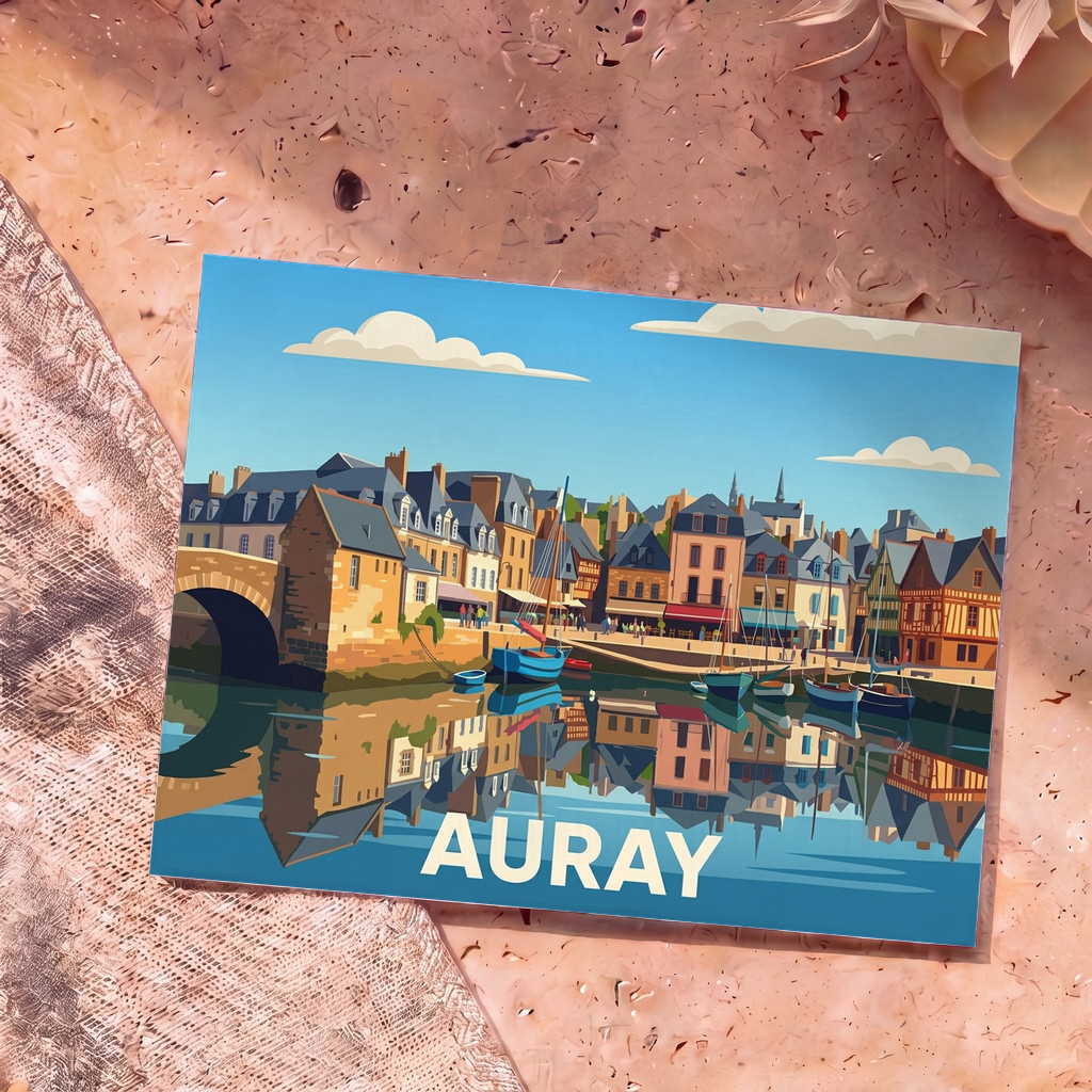 Carte postale souvenir de la ville d'Auray avec une illustration stylisée de son port historique.