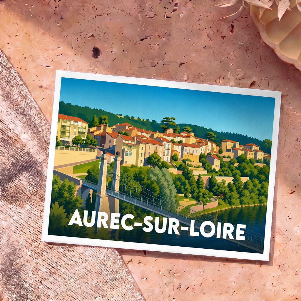 Carte postale souvenir de la ville d'Aurec-sur-Loire avec une illustration colorée de son pont et de ses maisons en bord de fleuve.