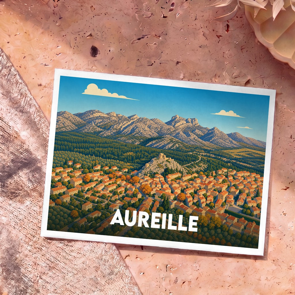 Carte postale souvenir de la ville d'Aureille présentant une illustration stylisée du village niché au pied des Alpilles.