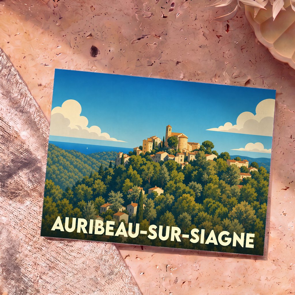 Carte postale souvenir de la ville d'Auribeau-sur-Siagne avec une illustration stylisée d'un village perché.