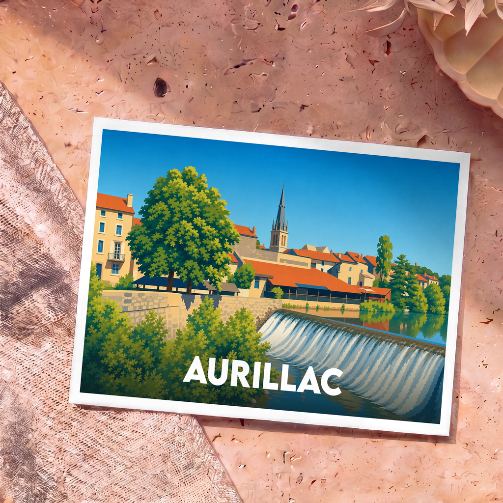 Carte postale souvenir de la ville d'Aurillac avec une illustration stylisée des bords de la Jordanne.