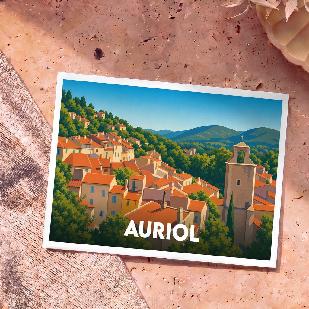 Carte postale souvenir de la ville d'Auriol avec une illustration stylisée d'un village provençal.