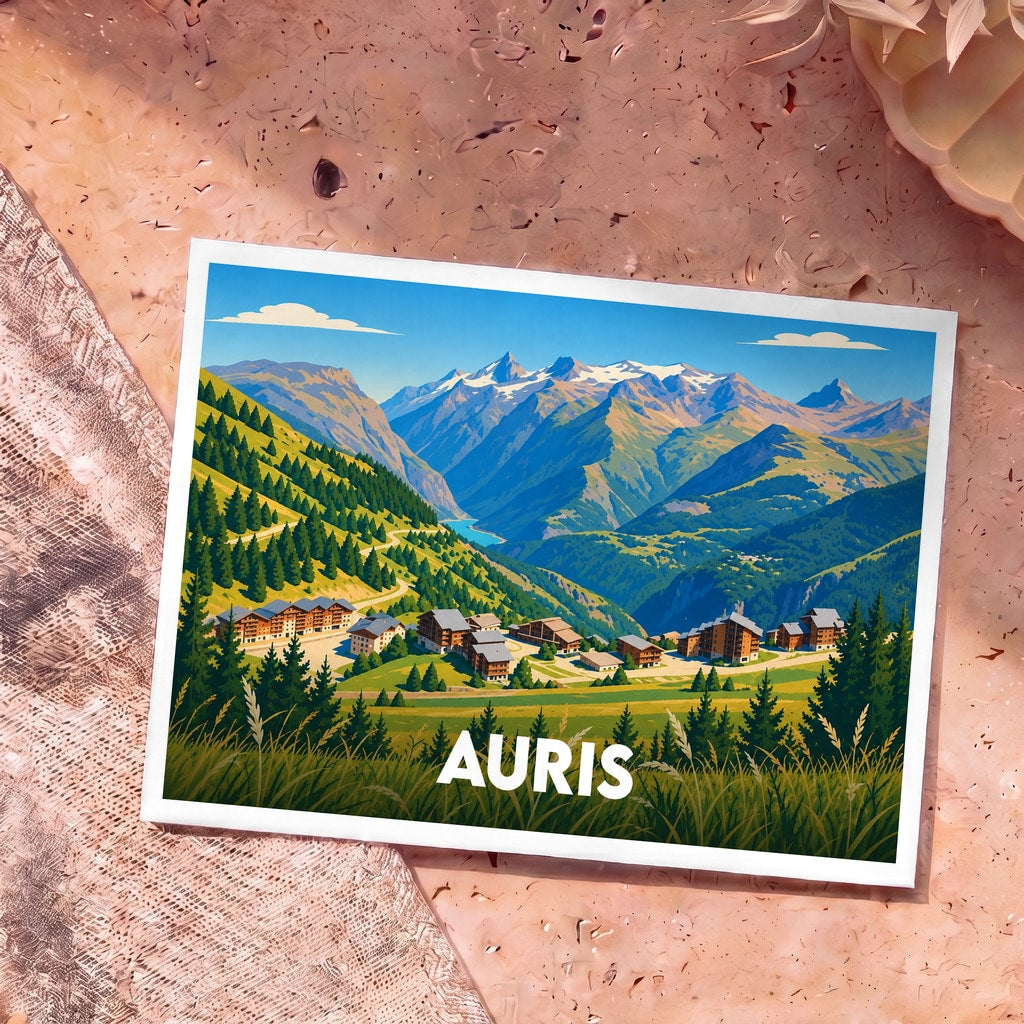 Carte postale souvenir de la ville d'Auris avec une illustration stylisée de son paysage montagneux.