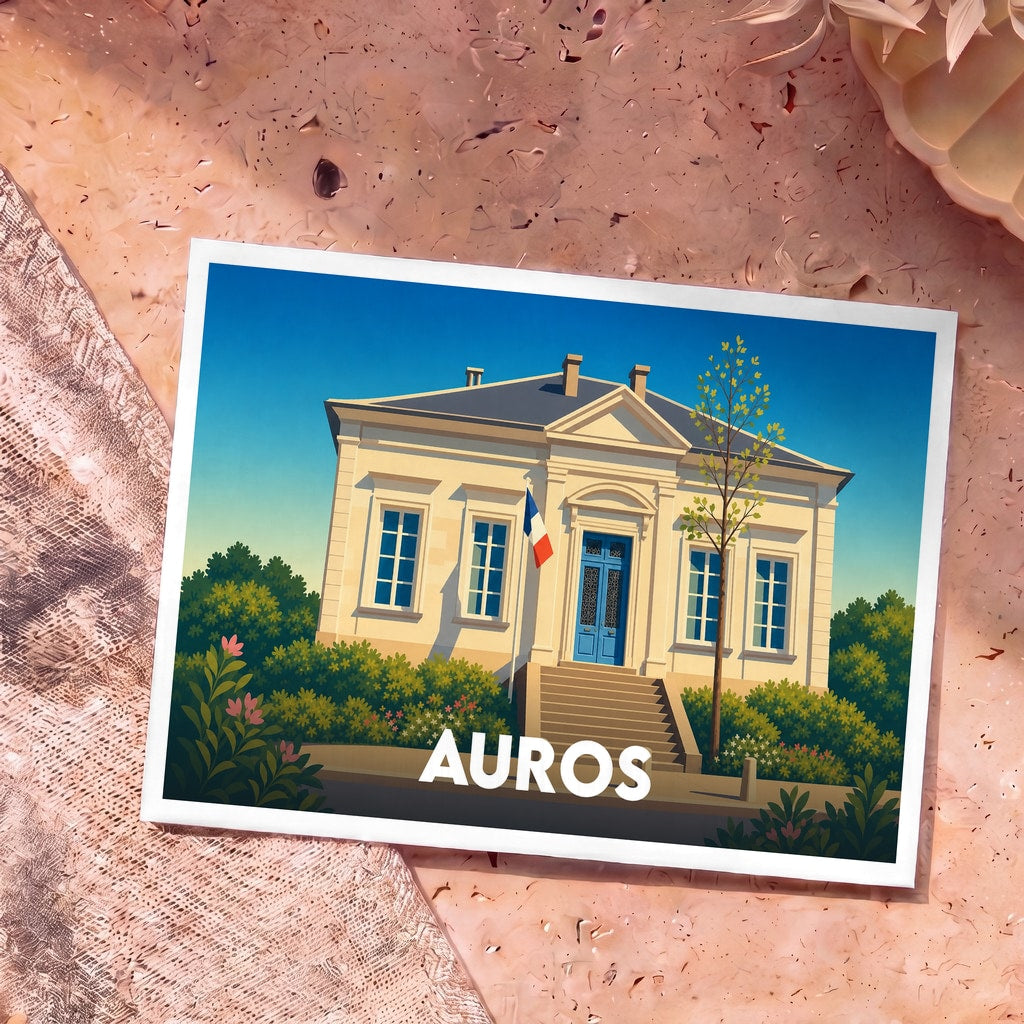 Carte postale souvenir de la ville d'Auros avec une illustration stylisée de sa mairie.