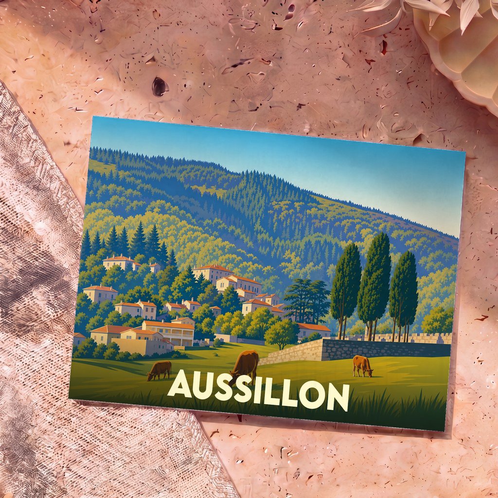 Carte postale souvenir de la ville d'Aussillon avec une illustration stylisée de son village flanc de montagne et de ses pâturages.
