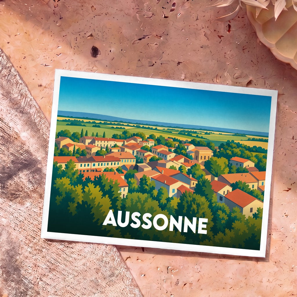 Carte postale souvenir de la ville d'Aussonne avec une illustration stylisée de ses toits et de ses paysages.