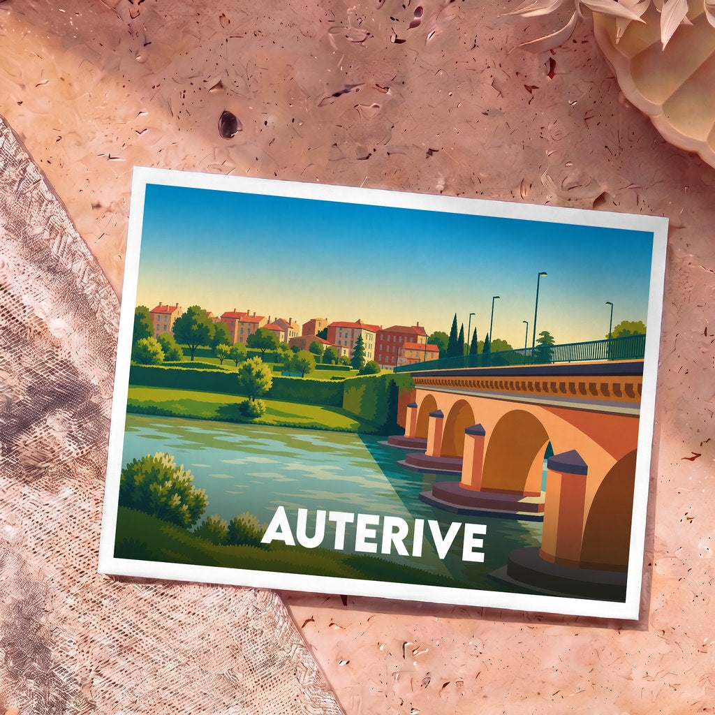 Carte postale souvenir de la ville d'Auterive avec une illustration stylisée d'un pont à arches sur une rivière.