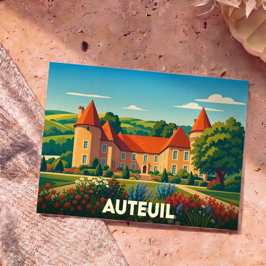 Carte postale souvenir d'Auteuil illustrant un château aux toits rouges entouré d'un jardin fleuri dans un style graphique épuré.