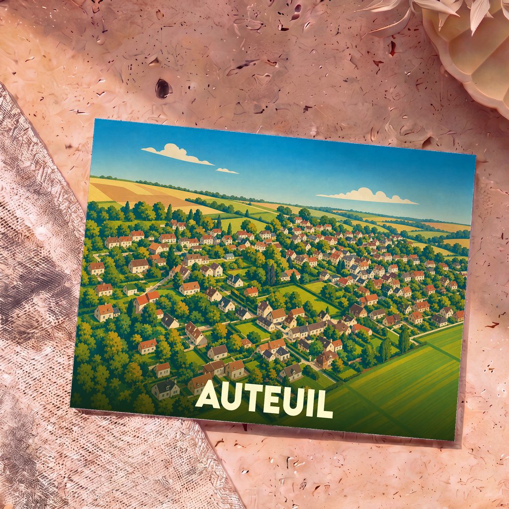 Carte postale souvenir de la ville d'Auteuil avec une illustration stylisée d'un village verdoyant vue du ciel.