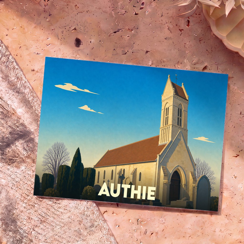 Carte postale souvenir de la ville d'Authie avec une illustration stylisée de son église sous un ciel bleu.
