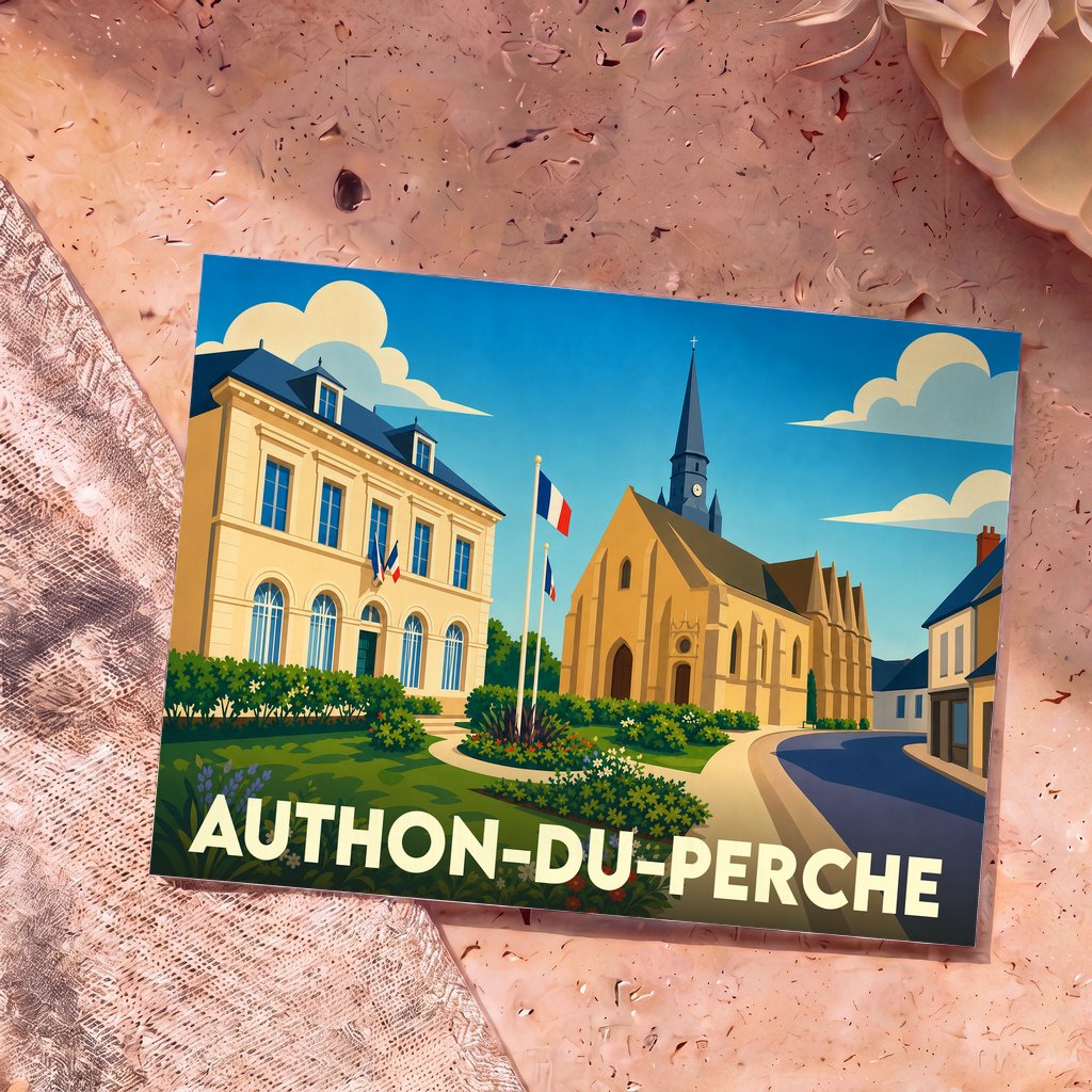 Carte postale souvenir de la ville d'Authon-du-Perche avec une illustration stylisée de sa mairie et de son église.