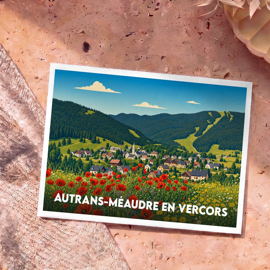 Carte postale souvenir de la ville d'Autrans-Méaudre en Vercors avec une illustration stylisée de son paysage montagneux.