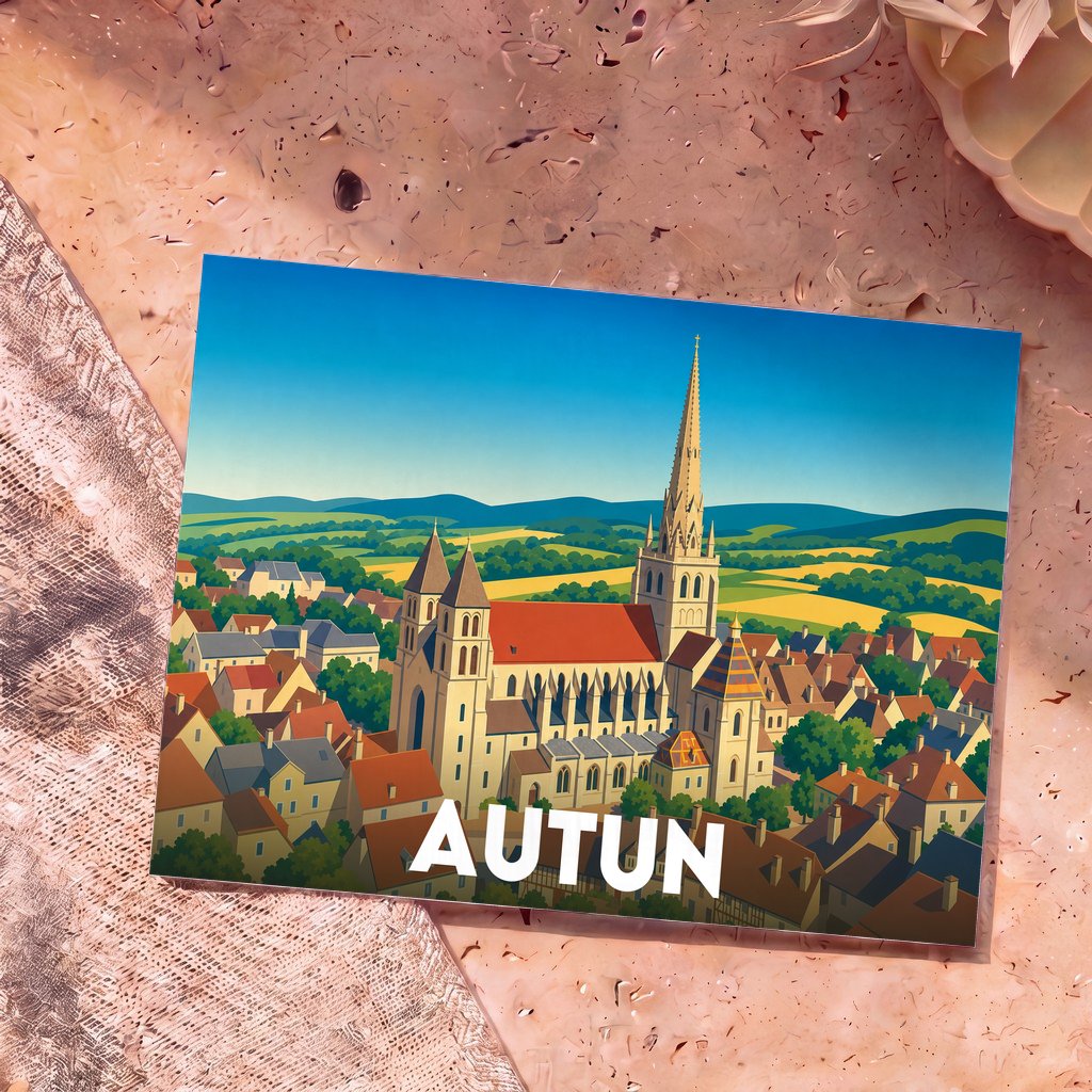 Carte postale souvenir de la ville d'Autun avec une illustration colorée de sa cathédrale et de ses paysages environnants.