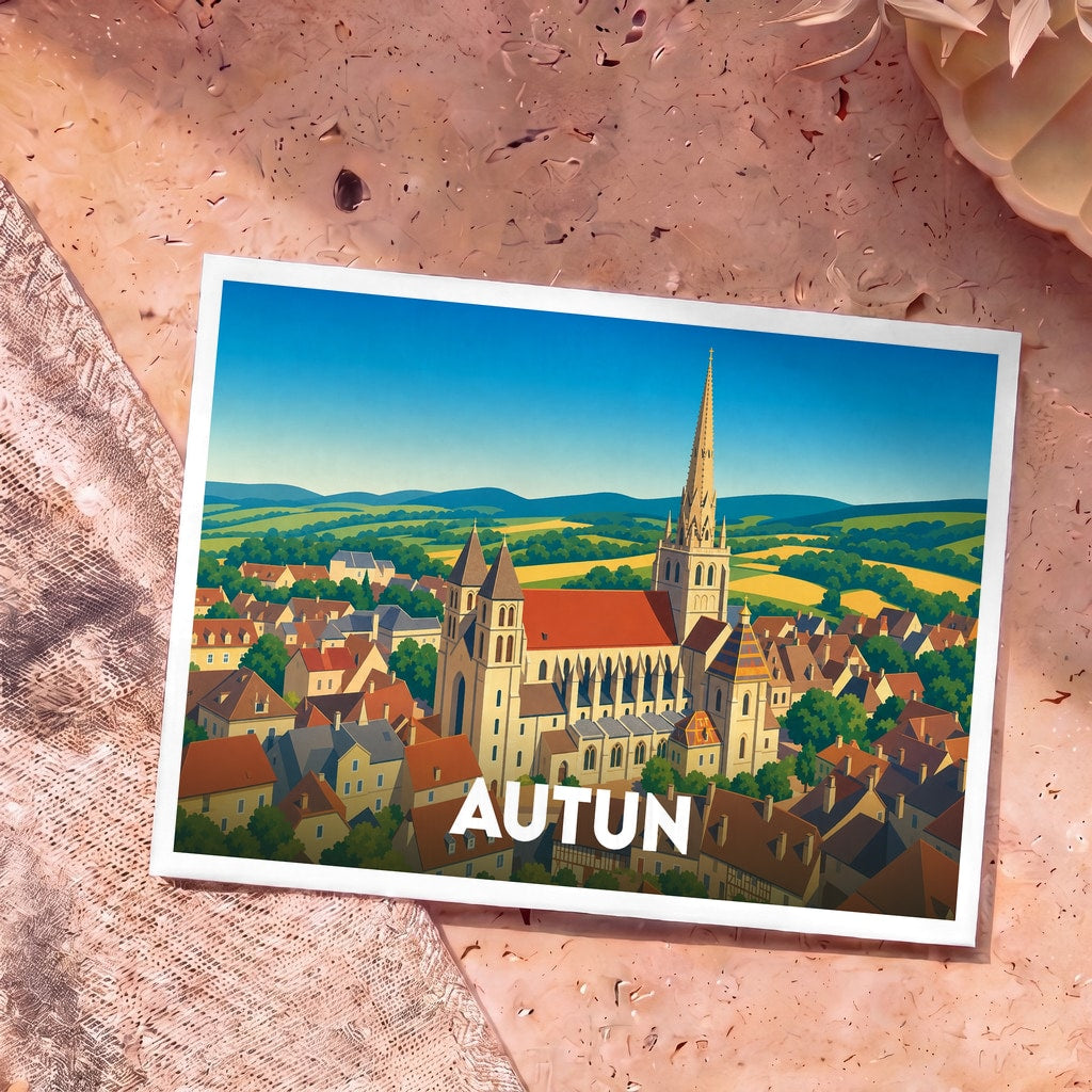 Carte postale souvenir de la ville d'Autun avec une illustration colorée de sa cathédrale et de ses paysages environnants.