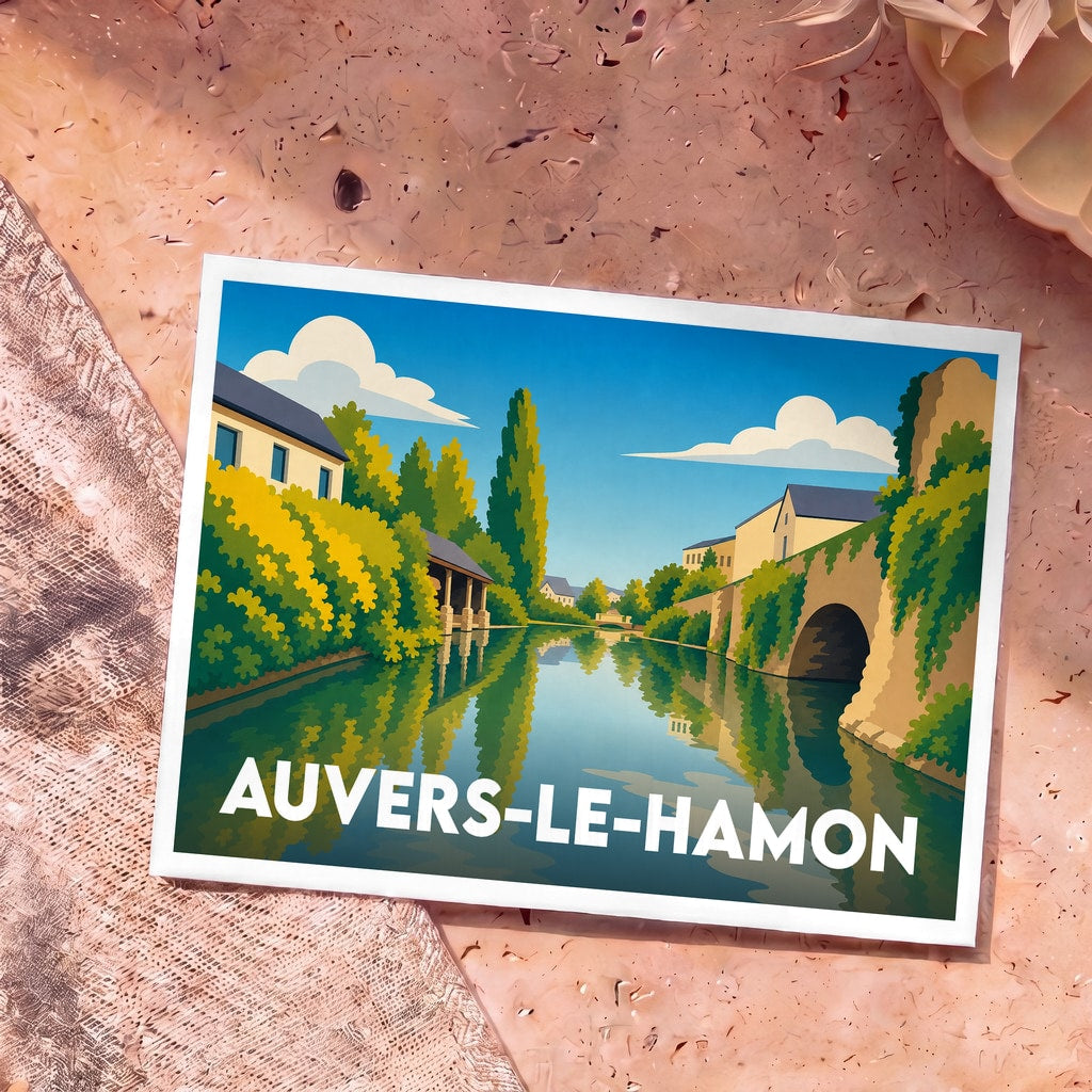 Carte postale souvenir de la ville de Auvers-le-Hamon avec une illustration stylisée des bords de rivière.