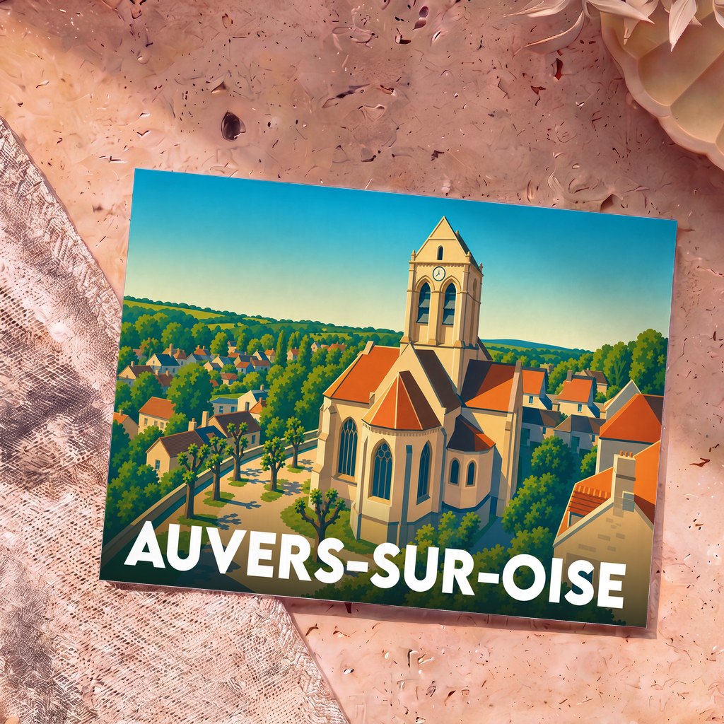 Carte postale souvenir d'Auvers-sur-Oise illustrant l'église Notre-Dame-de-l'Assomption dans un style graphique coloré.