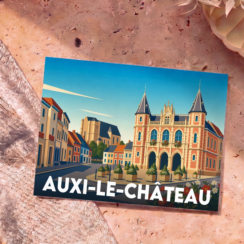 Carte postale souvenir de la ville d'Auxi-le-Château avec une illustration stylisée de son hôtel de ville et de ses rues.