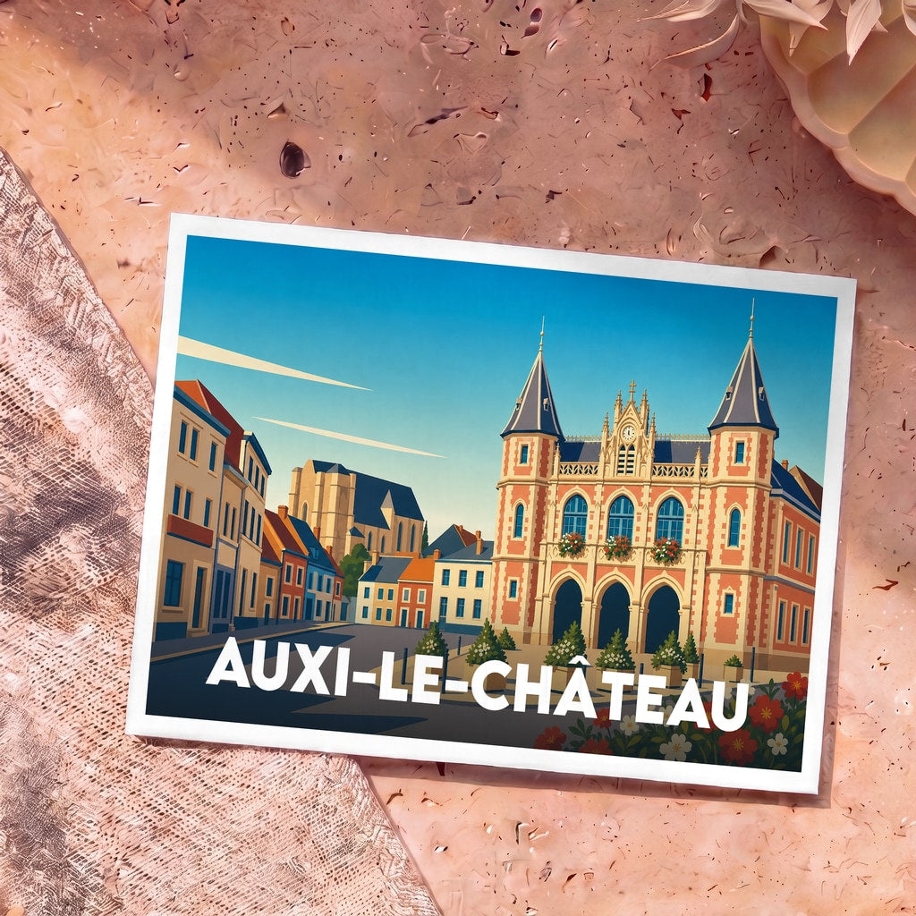 Carte postale souvenir de la ville d'Auxi-le-Château avec une illustration stylisée de son hôtel de ville et de ses rues.