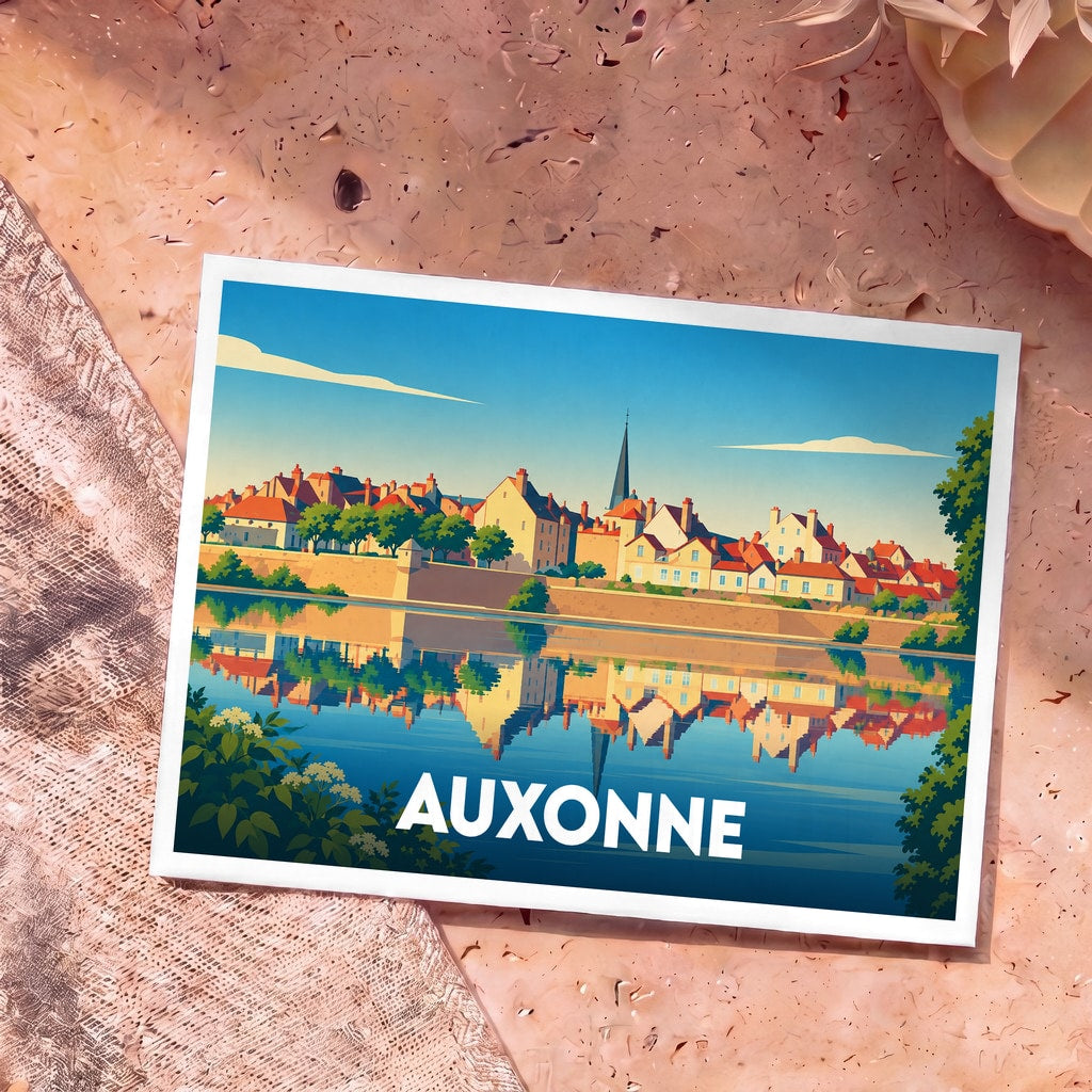 Carte postale souvenir de la ville d'Auxonne avec une illustration stylisée des bords de la Saône.