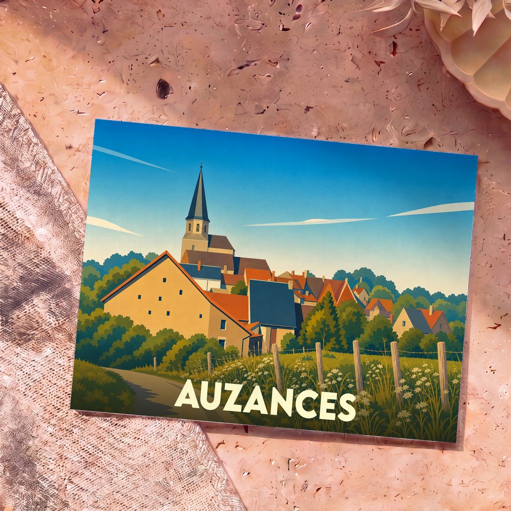 Carte postale souvenir de la ville d'Auzances avec une illustration stylisée de son église et de ses maisons.