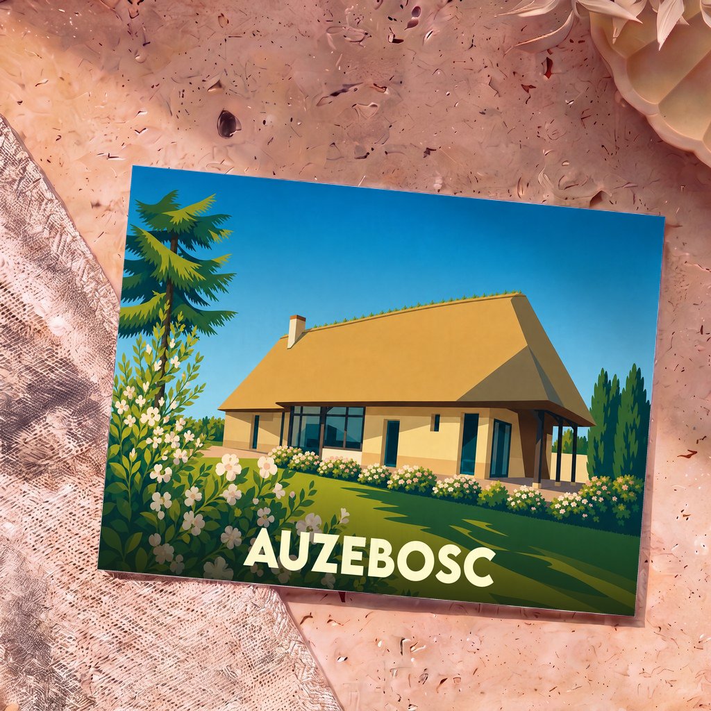 Carte postale souvenir de la ville d'Auzebosc illustrant une maison traditionnelle au toit de chaume.