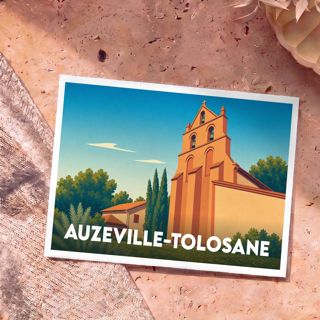 Carte postale souvenir de la ville d'Auzeville-Tolosane avec une illustration stylisée de son église et de ses paysages.