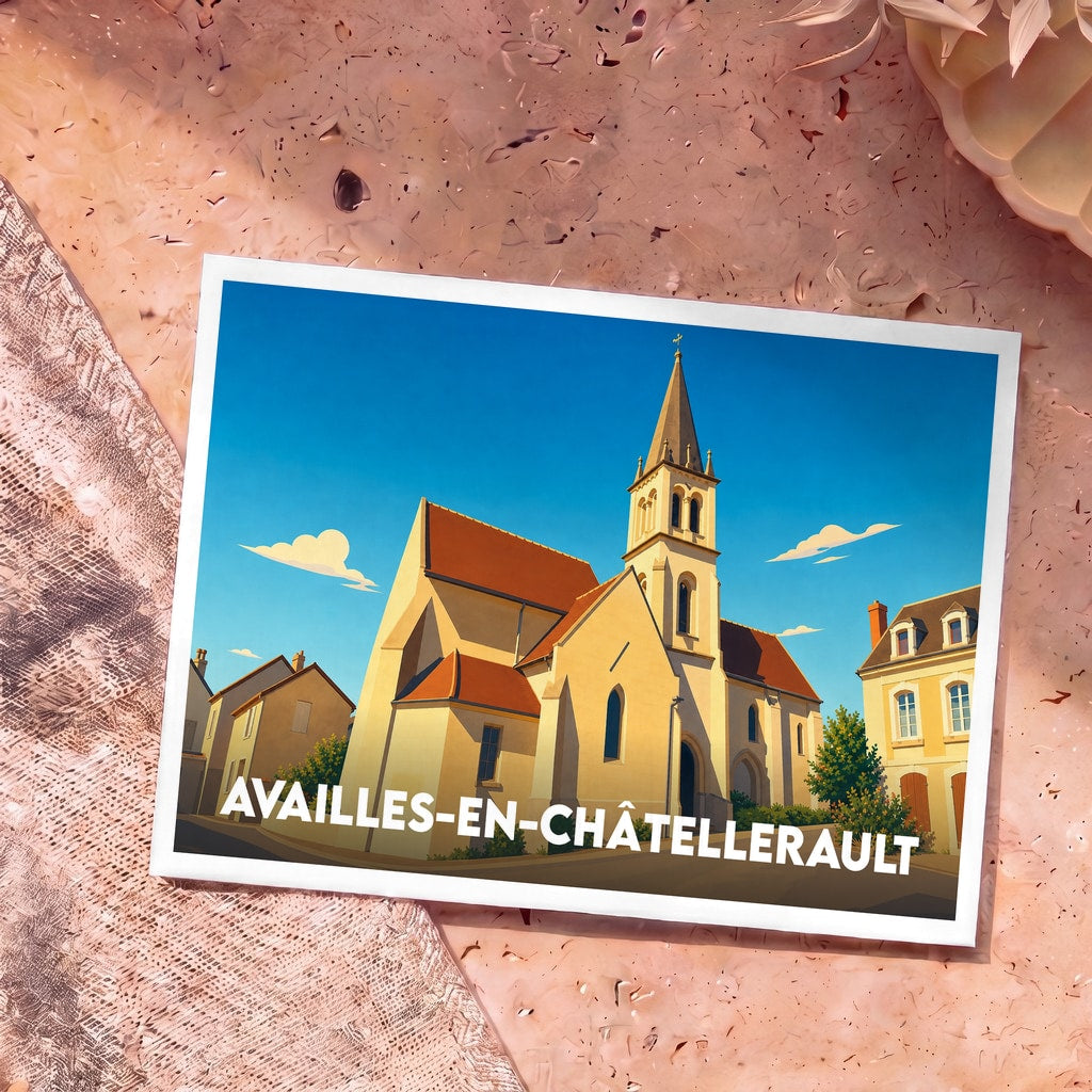 Carte postale souvenir de la ville d'Availles-en-Châtellerault avec une illustration stylisée de son église.