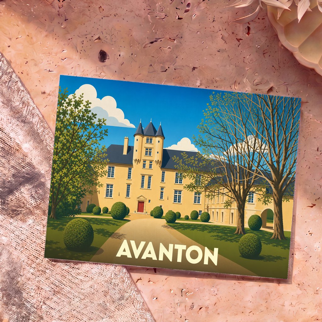Carte postale souvenir de la ville d'Avanton avec une illustration stylisée d'un château.