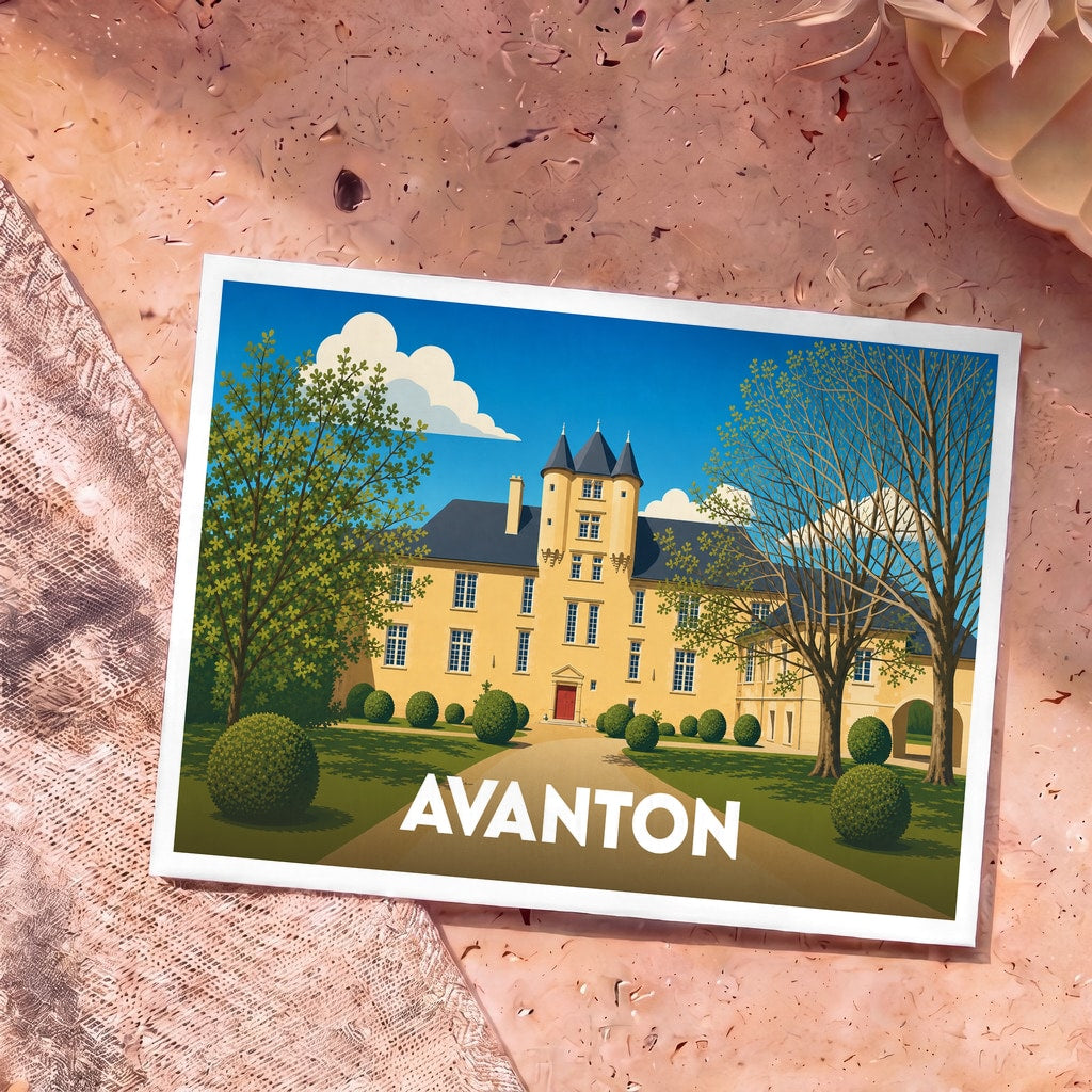 Carte postale souvenir de la ville d'Avanton avec une illustration stylisée d'un château.