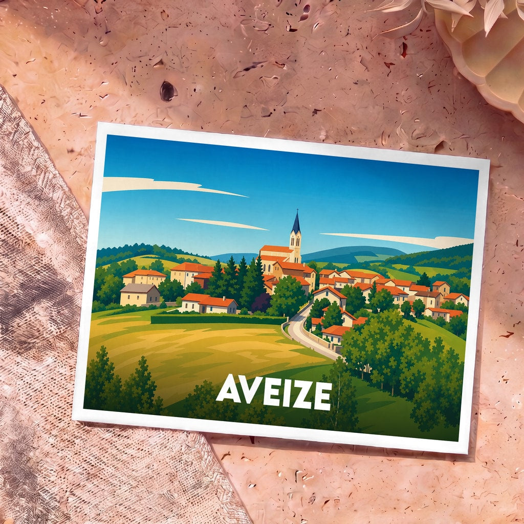 Carte postale souvenir de la ville d'Aveize avec une illustration stylisée de son paysage rural.