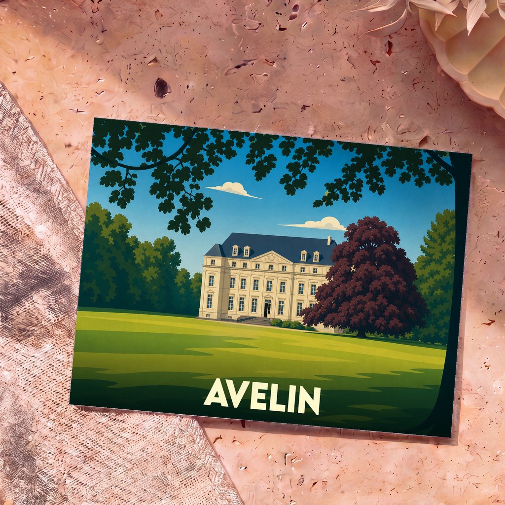 Carte postale souvenir de la ville d'Avelin avec une illustration stylisée d'un château entouré de verdure.