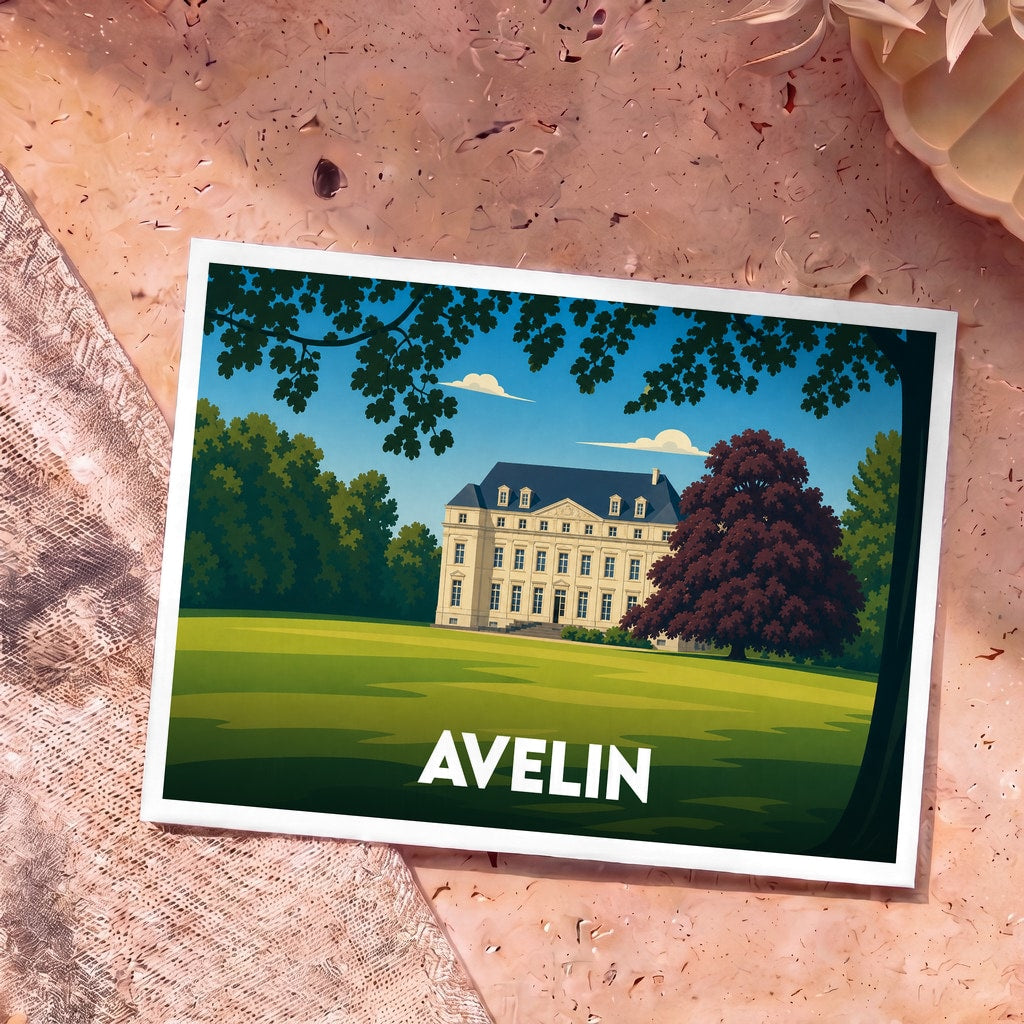 Carte postale souvenir de la ville d'Avelin avec une illustration stylisée d'un château entouré de verdure.