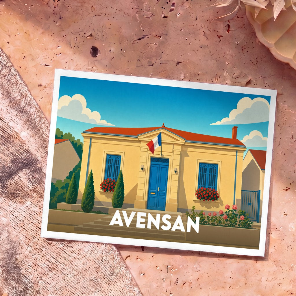 Carte postale souvenir de la ville d'Avensan avec une illustration stylisée de sa mairie.