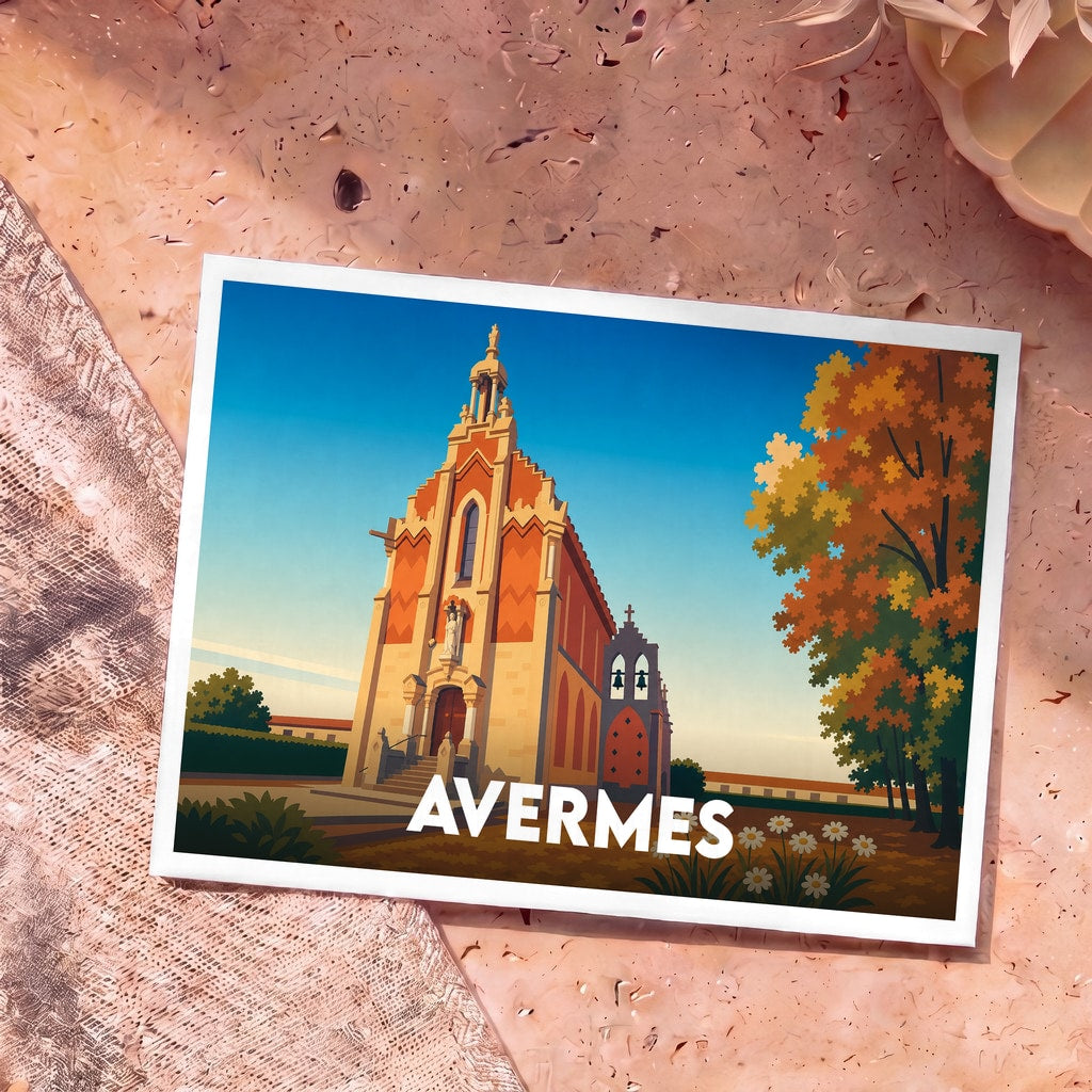 Carte postale souvenir de la ville d'Avermes représentant une église stylisée sous un ciel bleu.
