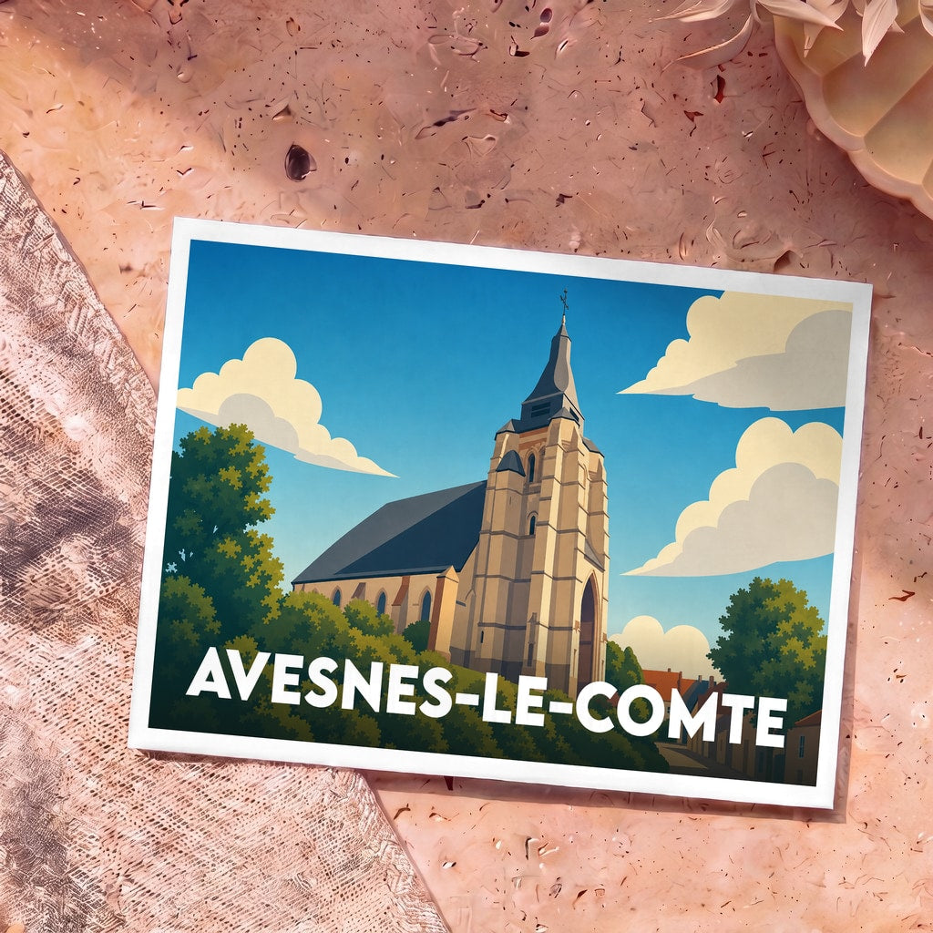 Carte postale souvenir de la ville d'Avesnes-le-Comte illustrant son église avec un style graphique épuré.