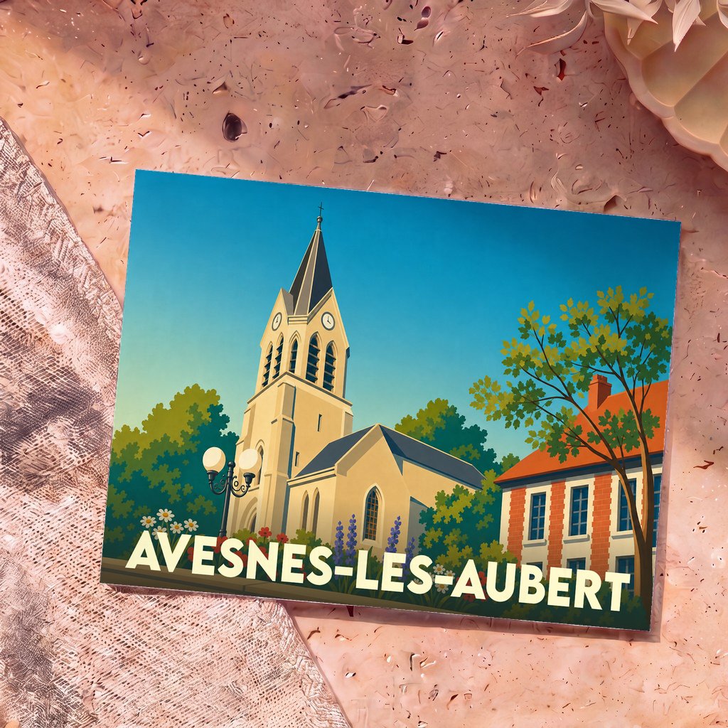 Carte postale souvenir de la ville d'Avesnes-les-Aubert avec une illustration stylisée de son église et de son architecture locale.