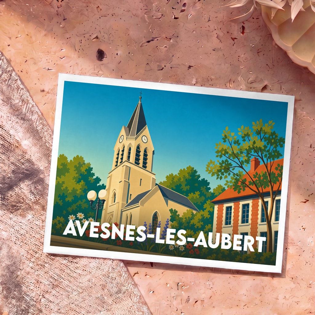 Carte postale souvenir de la ville d'Avesnes-les-Aubert avec une illustration stylisée de son église et de son architecture locale.