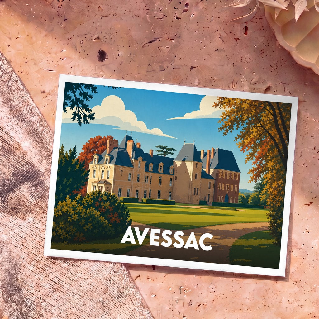Carte postale souvenir de la ville d'Avessac avec une illustration stylisée de son château entouré de végétation.
