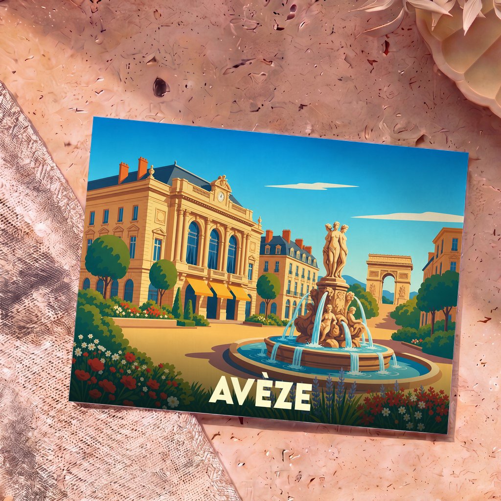 Carte postale souvenir de la ville d'Avèze illustrant une place ensoleillée avec une fontaine sculptée et des monuments historiques.