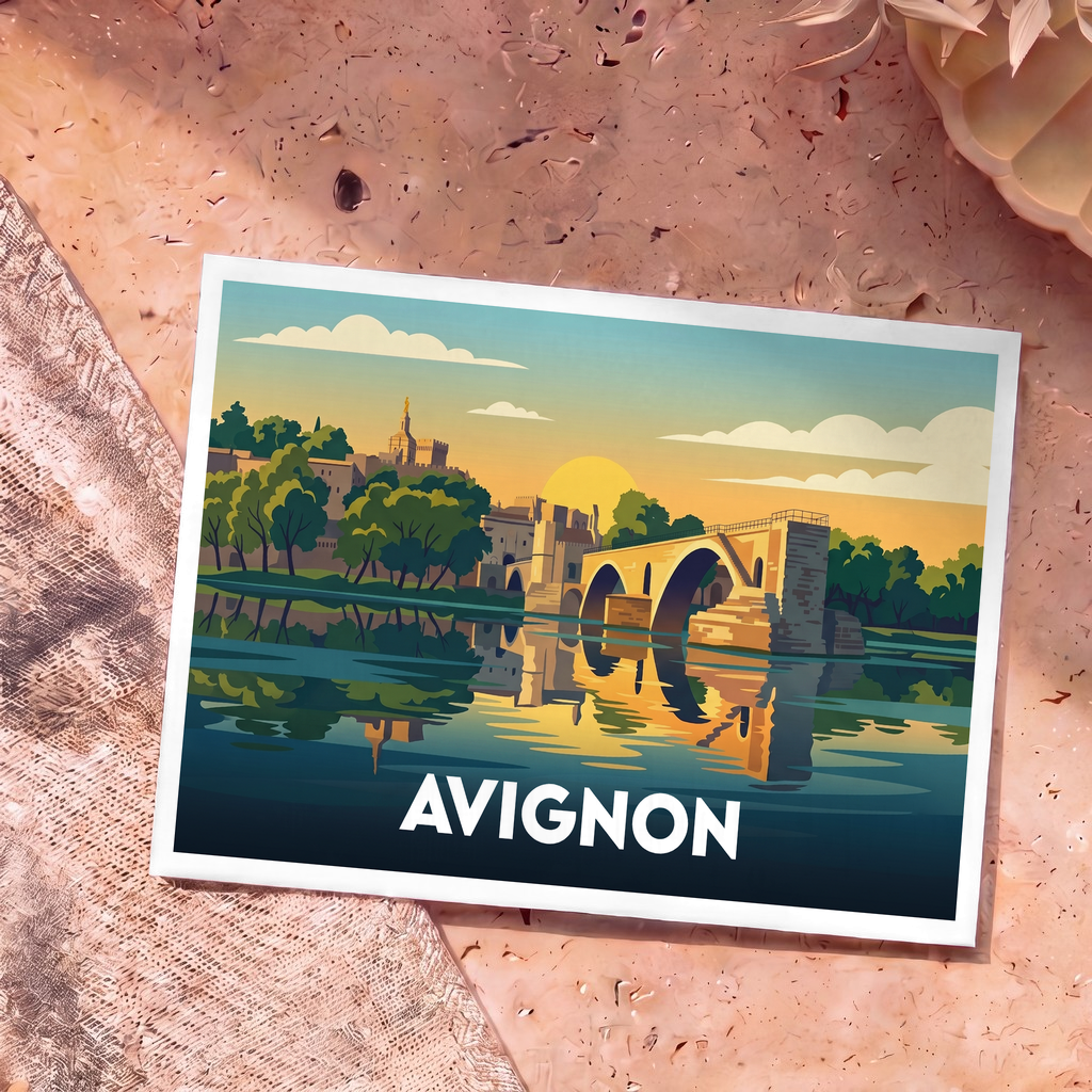 Carte postale souvenir de la ville d'Avignon avec une illustration stylisée du Pont Saint-Bénézet au coucher du soleil.