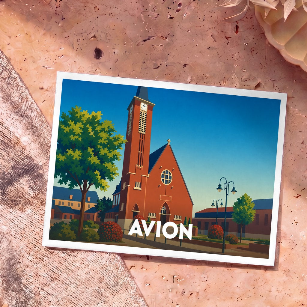 Carte postale souvenir de la ville d'Avion avec une illustration stylisée de son église sous un ciel bleu.