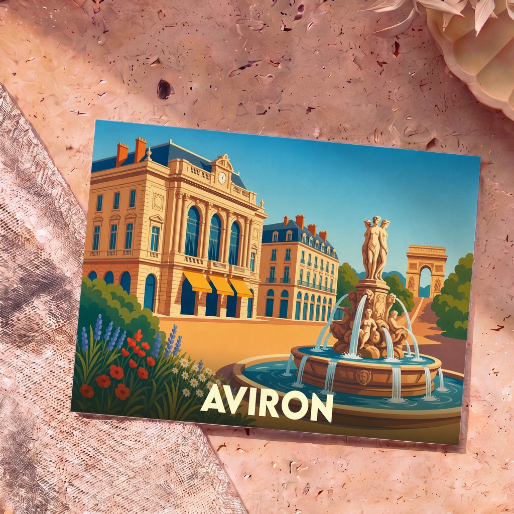 Carte postale souvenir de la ville d'Aviron avec une illustration colorée représentant une place emblématique, sa fontaine et ses monuments historiques.