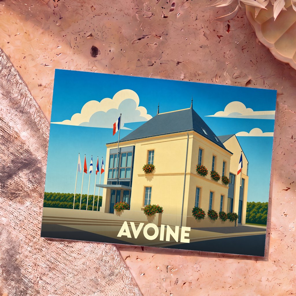 Carte postale souvenir de la ville d'Avoine illustrant son hôtel de ville dans un style graphique épuré.