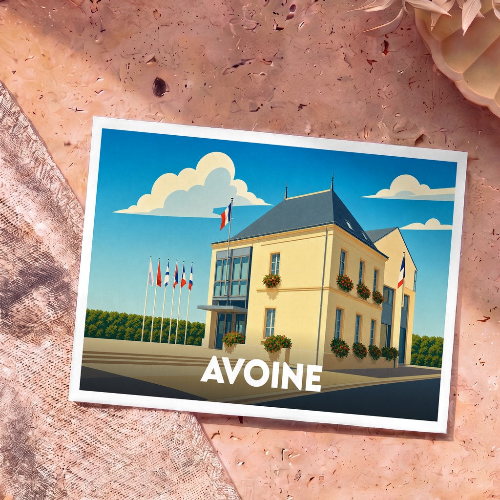 Carte postale souvenir de la ville d'Avoine illustrant son hôtel de ville dans un style graphique épuré.